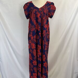 RARE Vintage Tamare Hawaiian Islands Women’s Maxi Kaftan Dress M Blue Floral